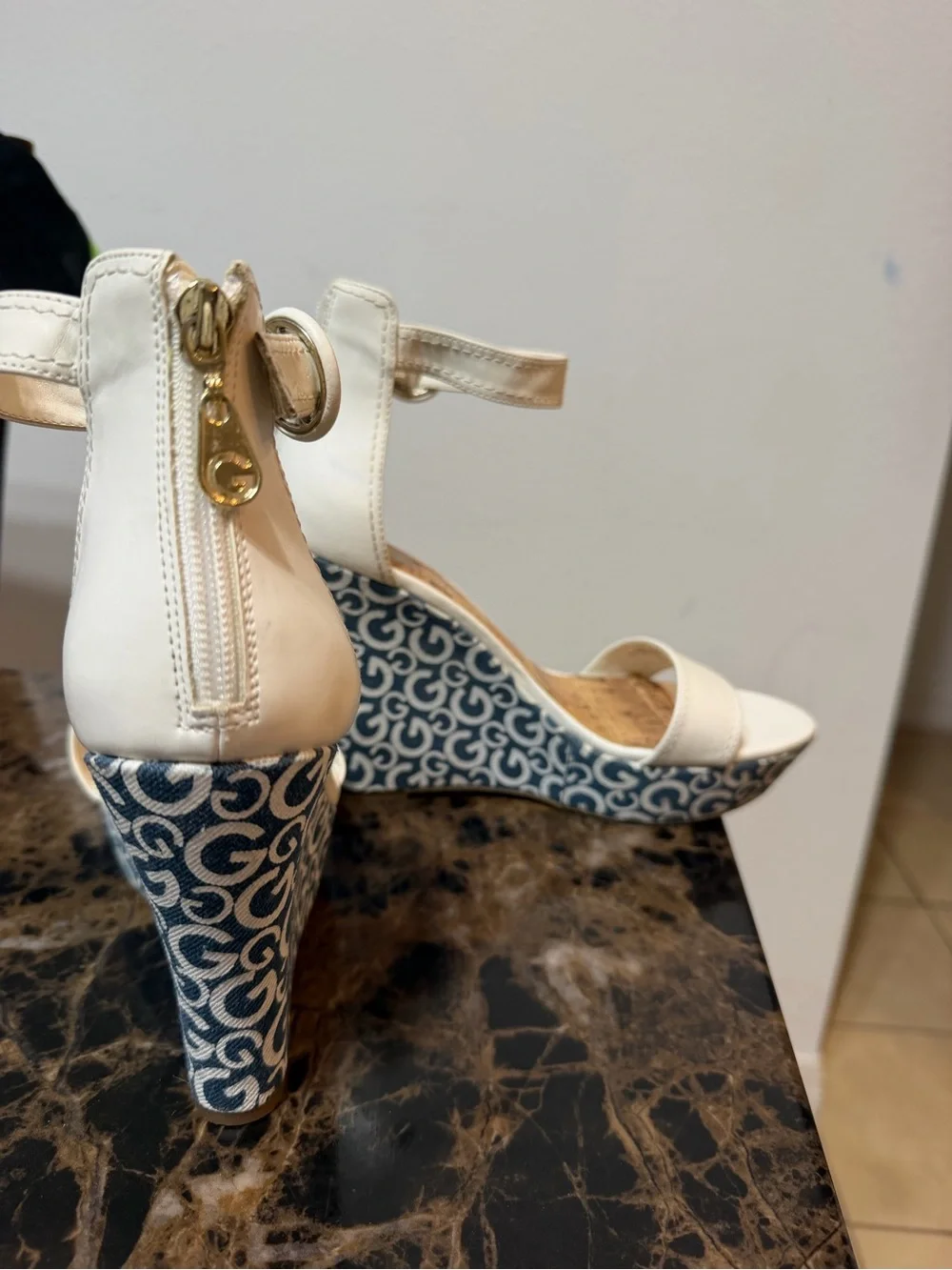 Guess White Ankle-Strap Wedge Sandals with Monogram Blue Platform